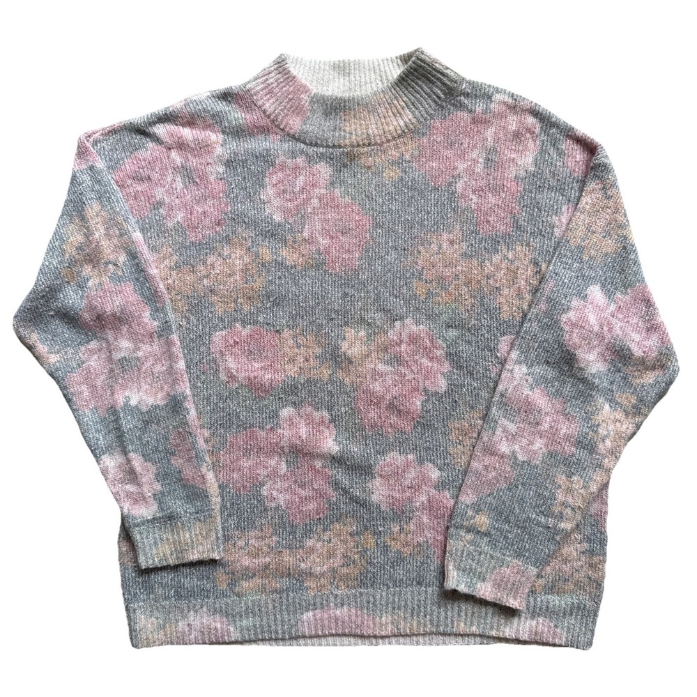 VTG Floral Sweater Womens Lg Grey Pink Silk Angora Knit Grannycore Cottagecore